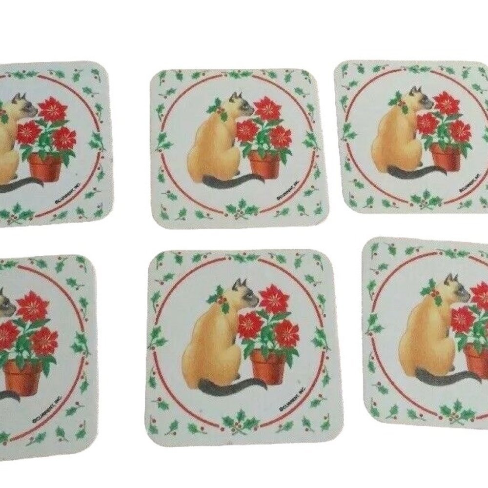 Vintage Christmas Coasters Siamese Cat Poinsettia Holly 6pc‎ Cork Back Y2K Retro